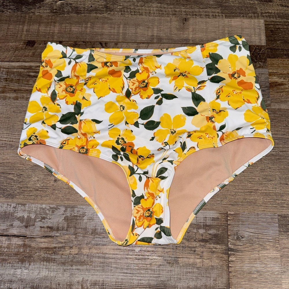 Kortni Jeane Yellow Floral High Waisted Swim Bottoms Large